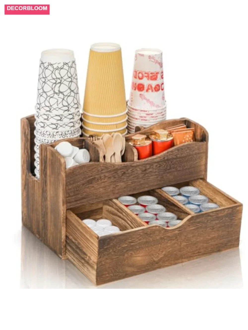 Natural Wood Coffee Station Organizer with Drawer, 6 Compartments